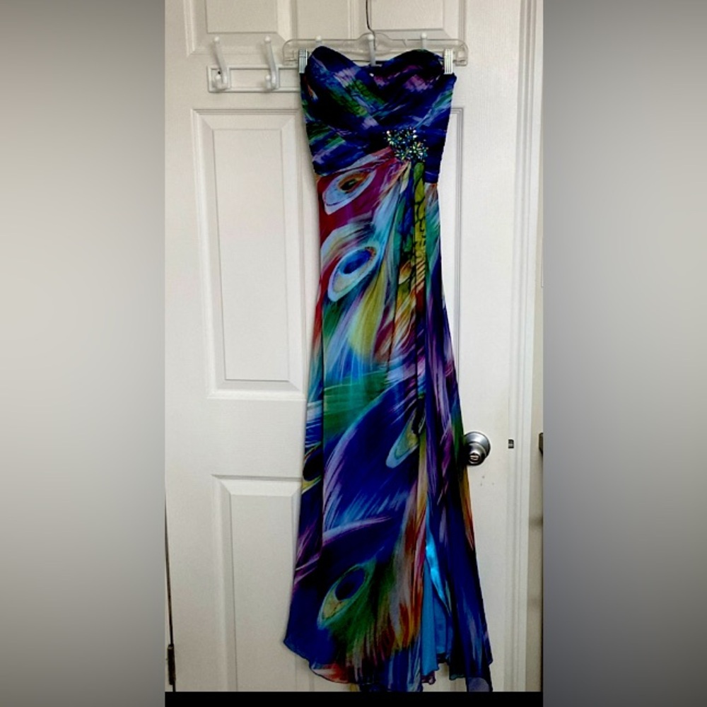 XS Rainbow Peacock Full length Tailored formal dress (Prom etc) fully lined